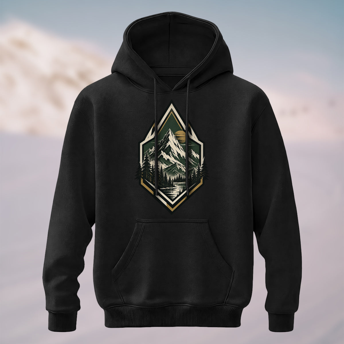 Cotton Made Artistic Mountain Crest Hoodie Black