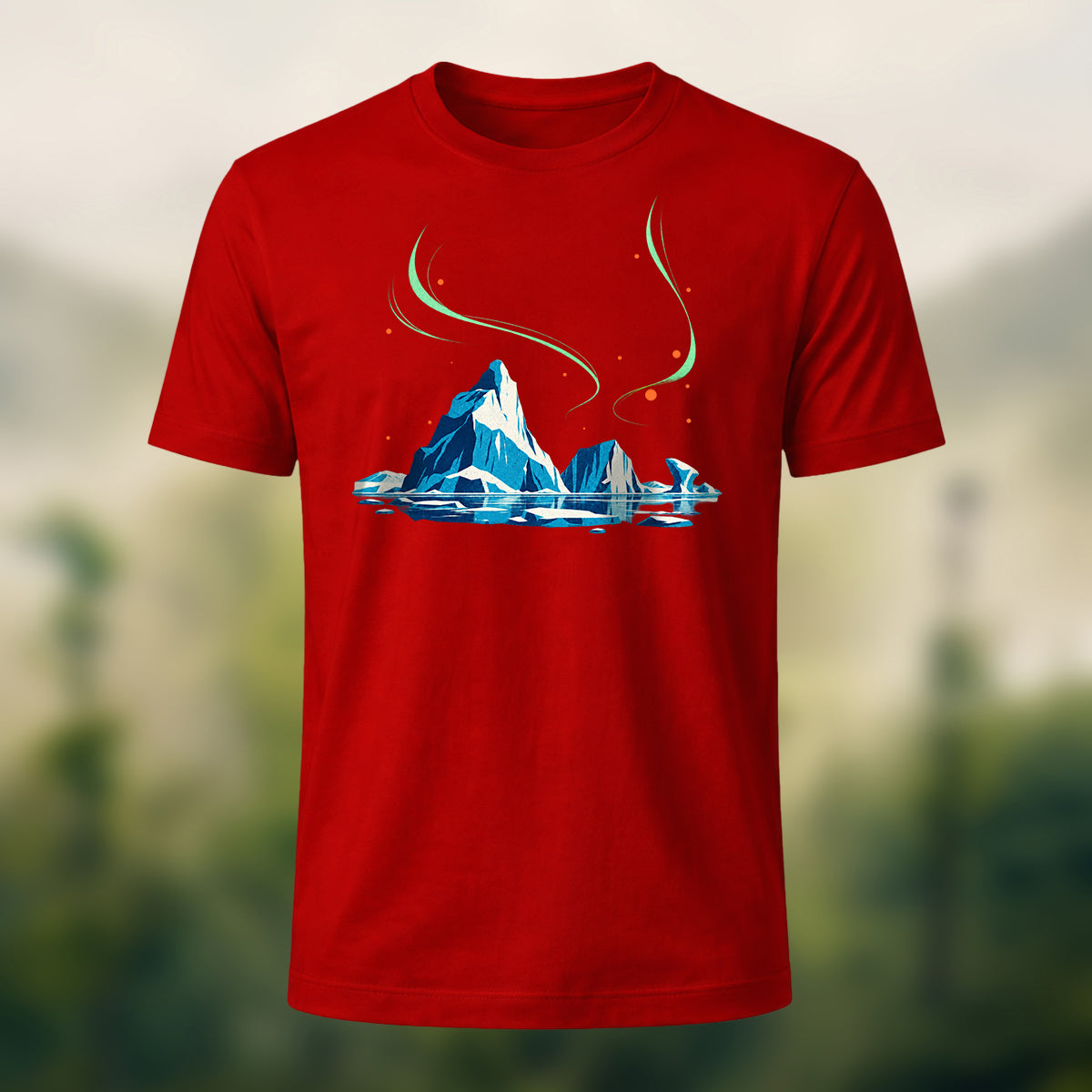 Artistic Aurora Iceberg Combed Cotton T-Shirt Red