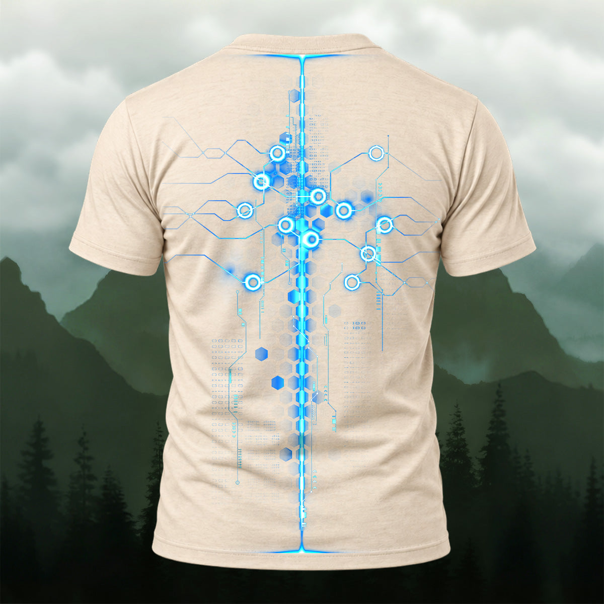 Futuristic Digital Circuit Print T-Shirt Beige