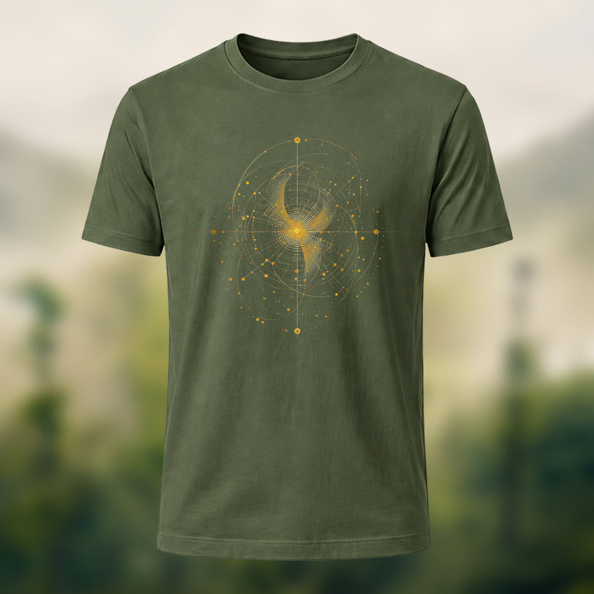 Mysticism Star Chart Casual Cotton T-Shirt Olive Green