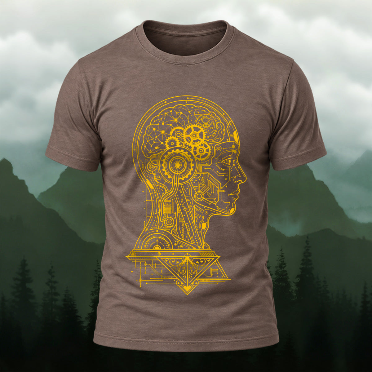 Futuristic Mechanical Brain Combed Cotton T-Shirt Coffee