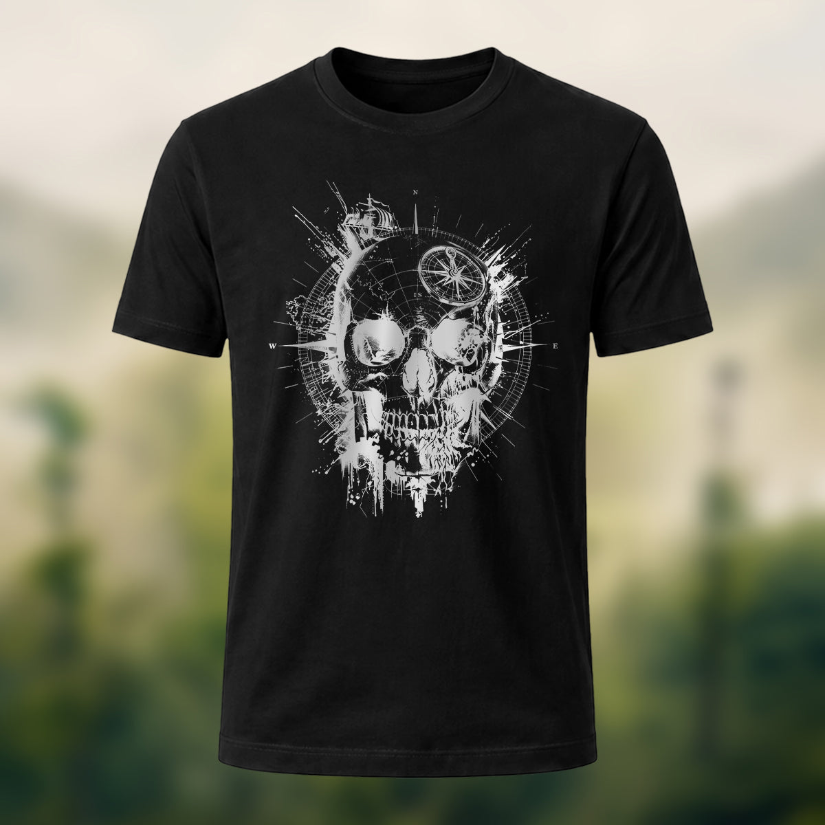 Nautical Gothic Skull Print Casual Soft Cotton T-Shirt Black