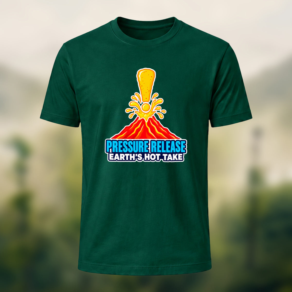 Volcano Print Casual Soft Cotton T-Shirt Forest Green