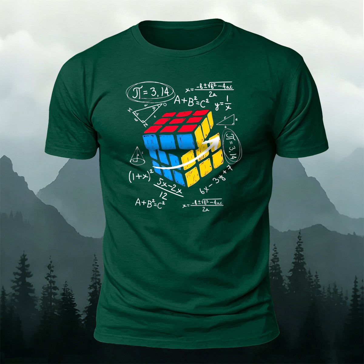 Rubik's Cube Print Casual Soft Cotton T-Shirt Forest Green