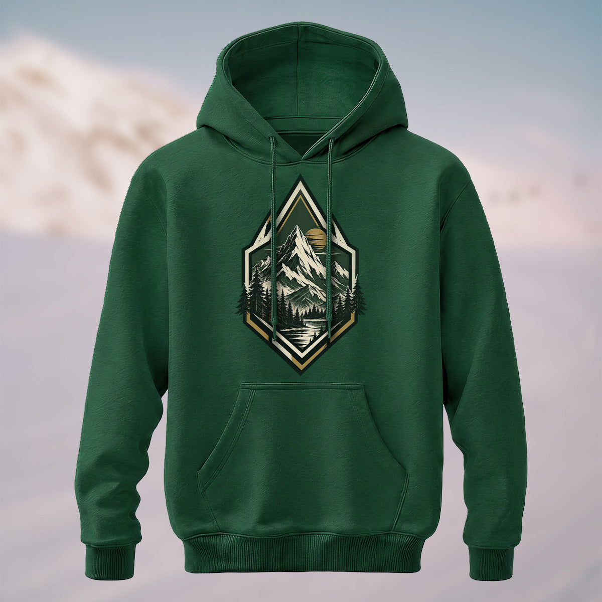 Cotton Made Artistic Mountain Crest Hoodie Forest Green