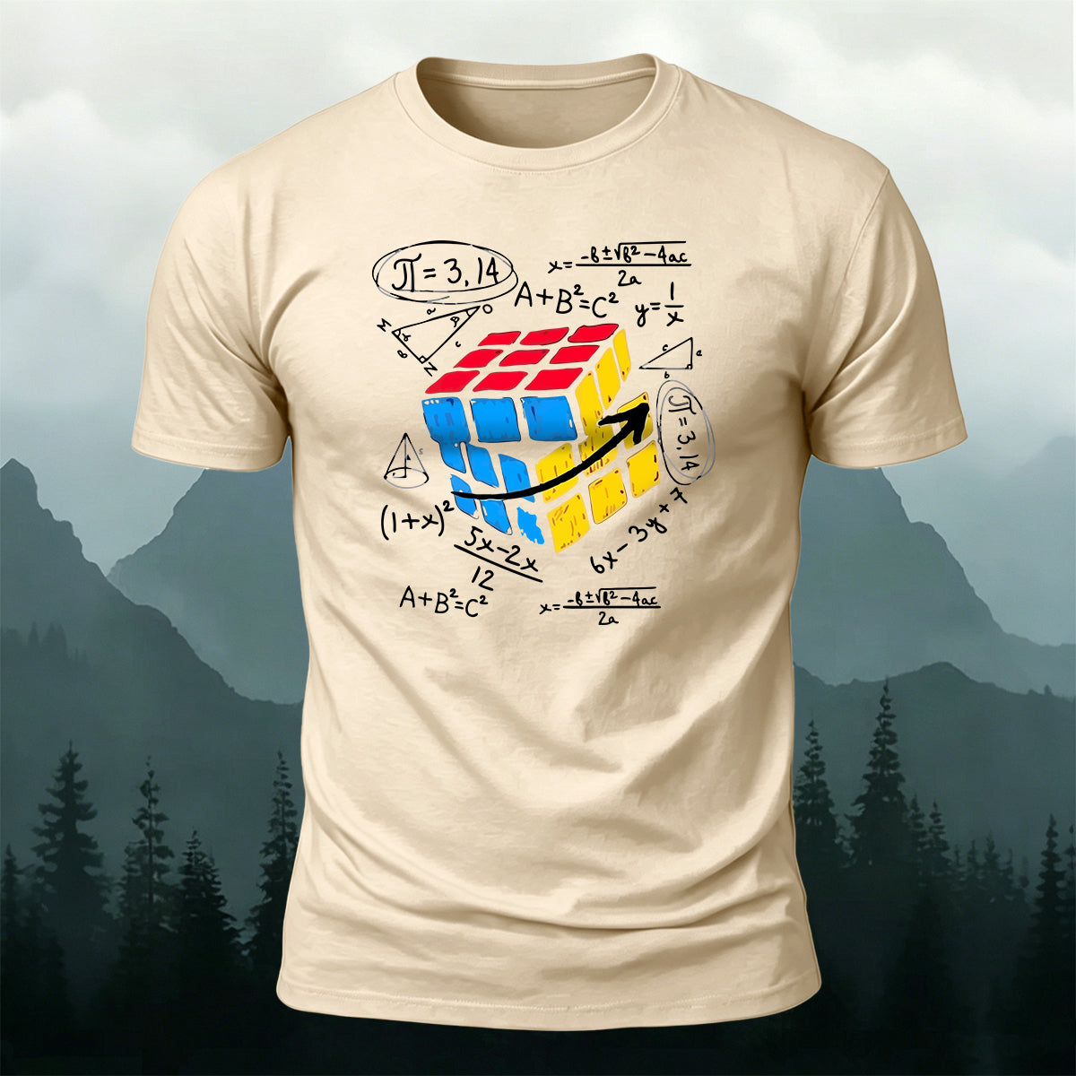 Rubik's Cube Print Casual Soft Cotton T-Shirt Beige
