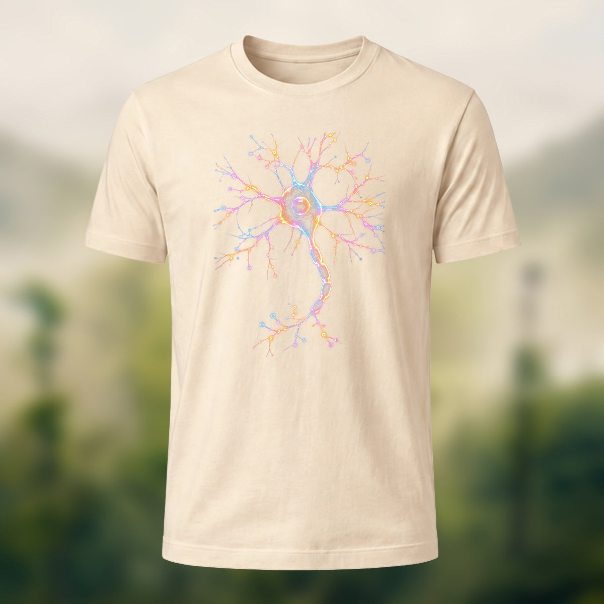 Glowing Neuron Print Combed Cotton T-Shirt Beige