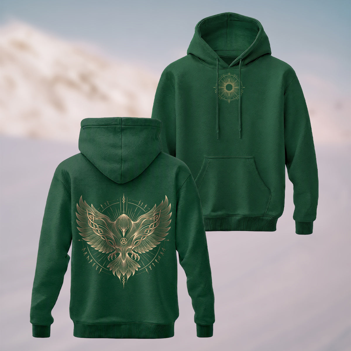 Cotton Made Norse Viking Raven Hoodie Forest Green
