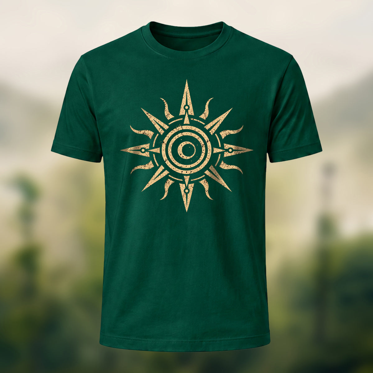 Tribal Sun Totem Print Premium Cotton T-Shirt Forest Green