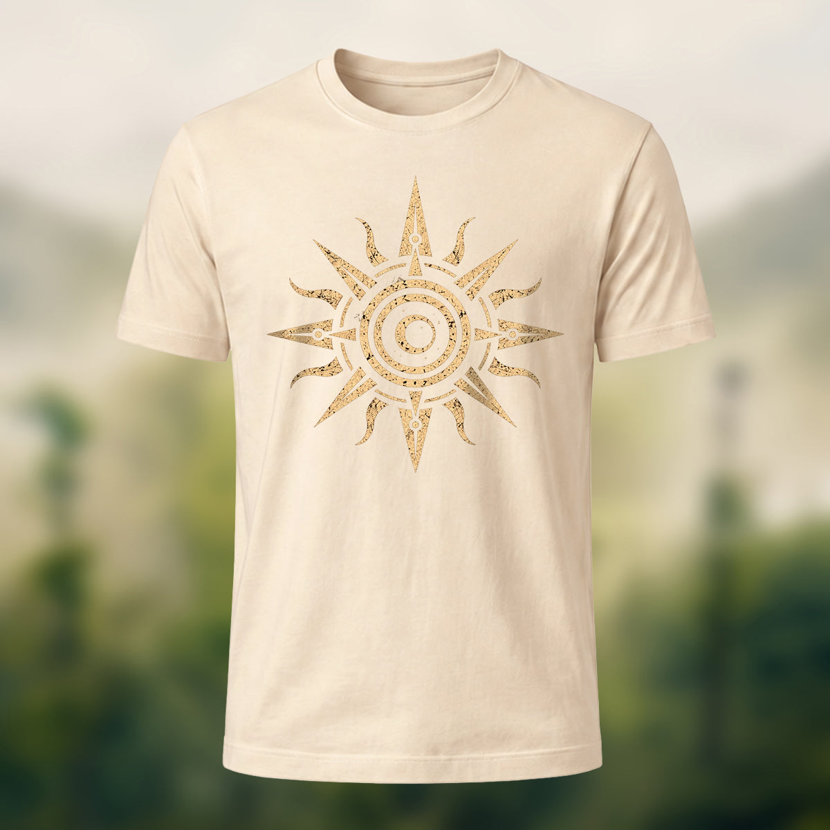Tribal Sun Totem Print Premium Cotton T-Shirt Beige