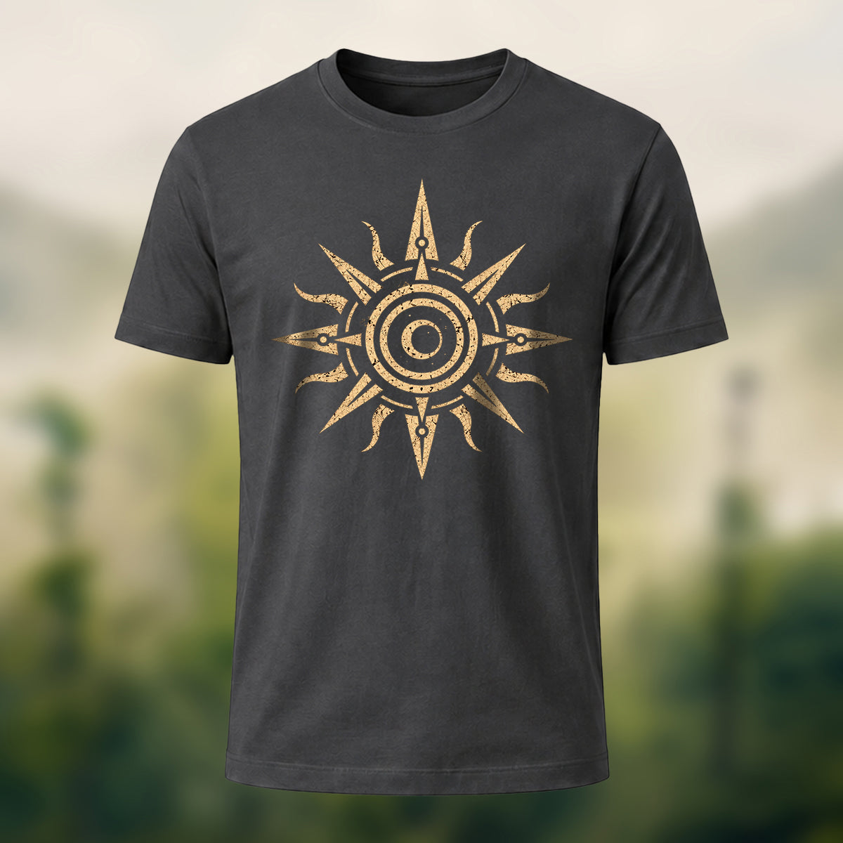 Tribal Sun Totem Print Premium Cotton T-Shirt Charcoal