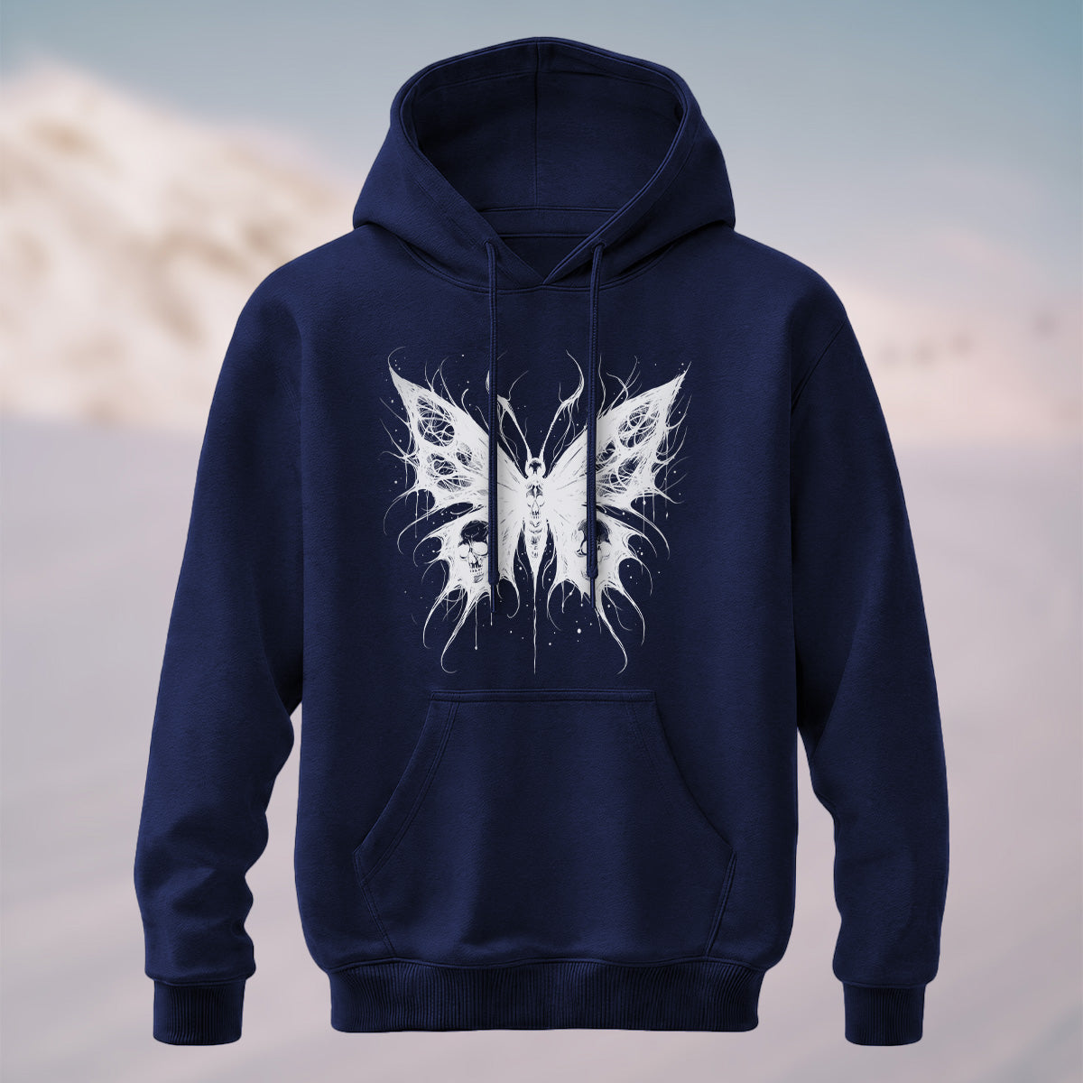 Cotton Made Dark Butterfly Skeleton Print Hoodie Navy Blue