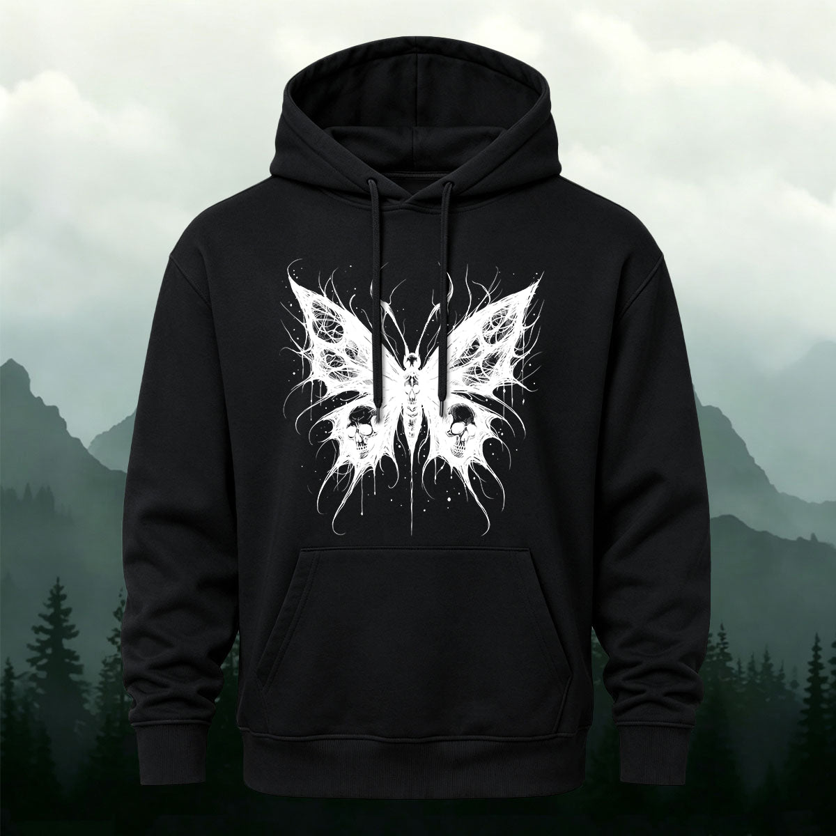 Cotton Made Dark Butterfly Skeleton Print Hoodie Black