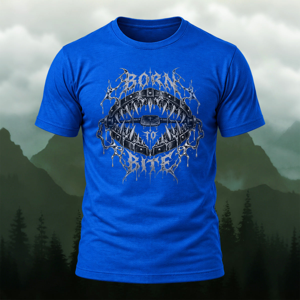 Dark Metallic Fang Trap Combed Cotton T-Shirt Royal Blue