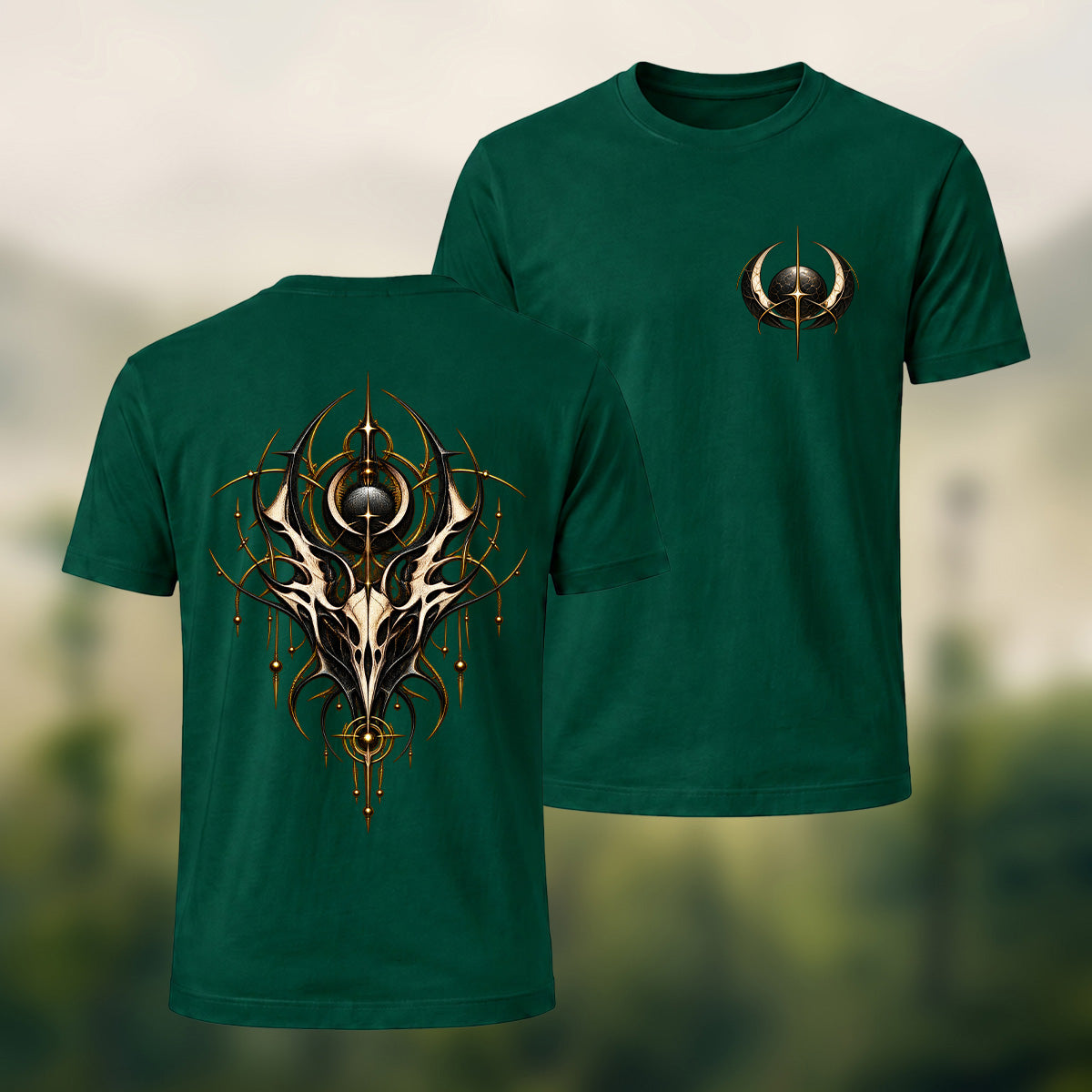 Ornate Gothic Emblem Premium Cotton T-Shirt Forest Green