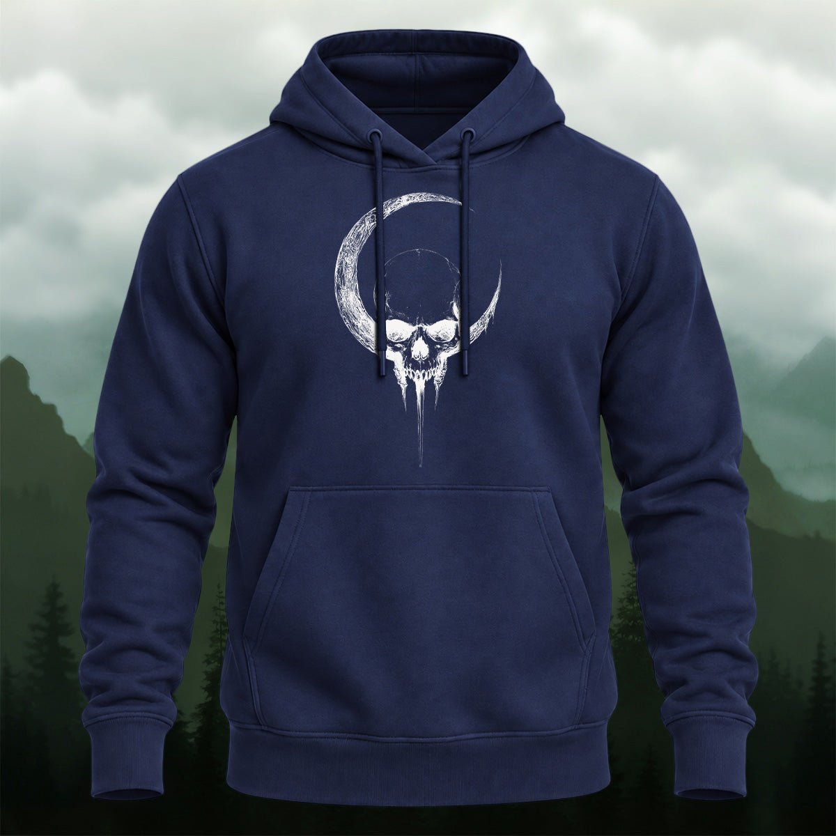Cotton Made Gothic Lunar Skull Hoodie Navy