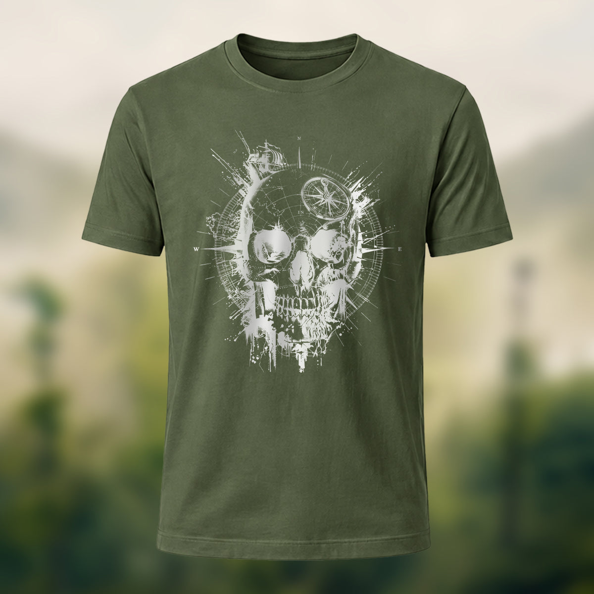 Nautical Gothic Skull Print Casual Soft Cotton T-Shirt Olive Green