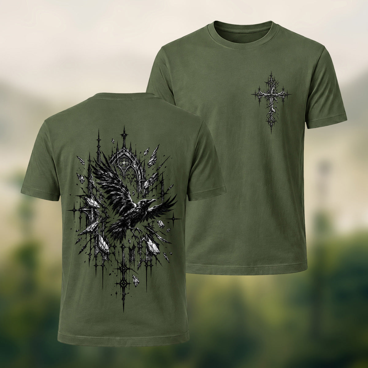 Mystical Gothic Raven Premium Cotton T-Shirt Olive Green