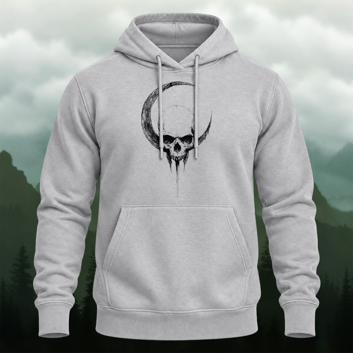 Cotton Made Gothic Lunar Skull Hoodie Heather Grey