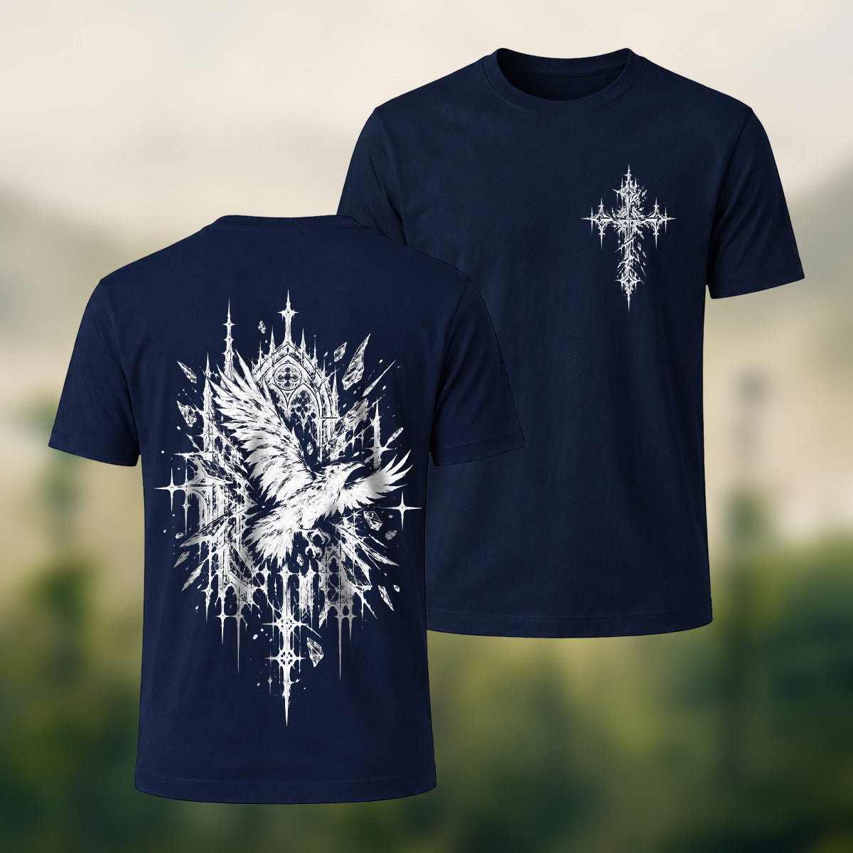 Mystical Gothic Raven Premium Cotton T-Shirt Navy