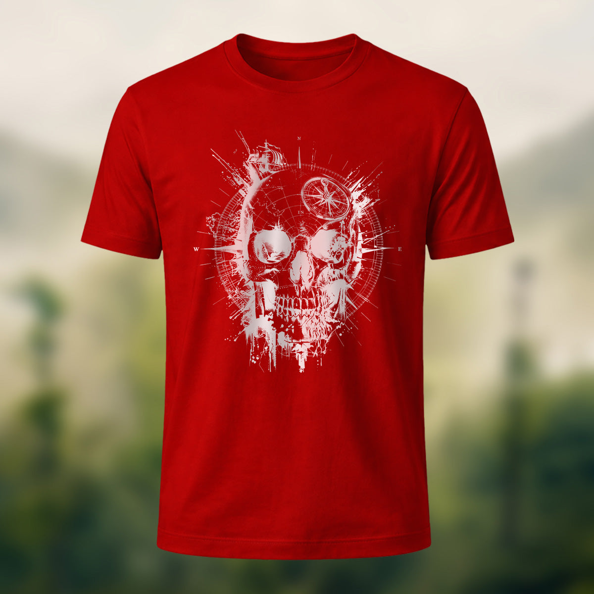 Nautical Gothic Skull Print Casual Soft Cotton T-Shirt Red