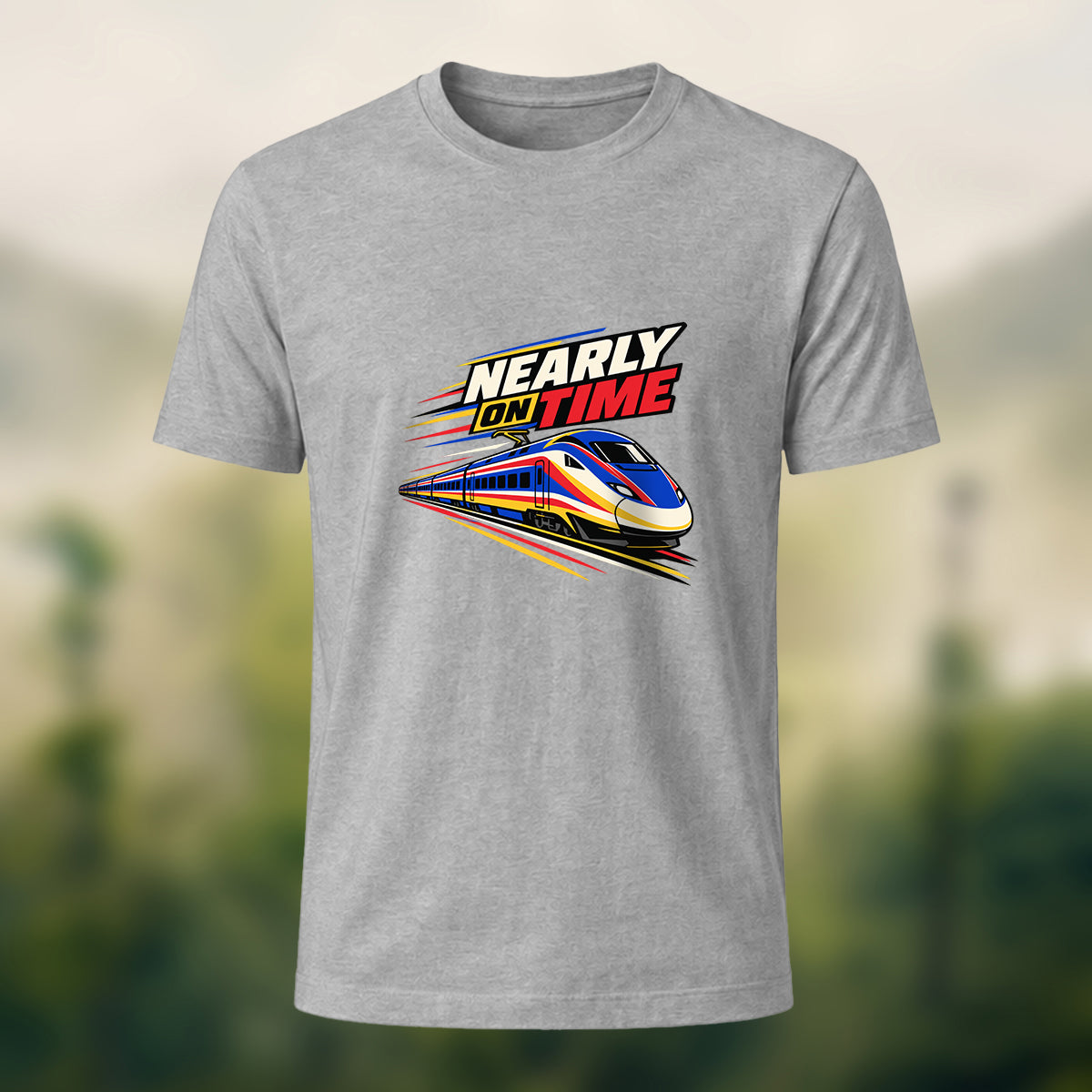 Nearly On Time Train Print Casual Cotton T-Shirt Heather Grey
