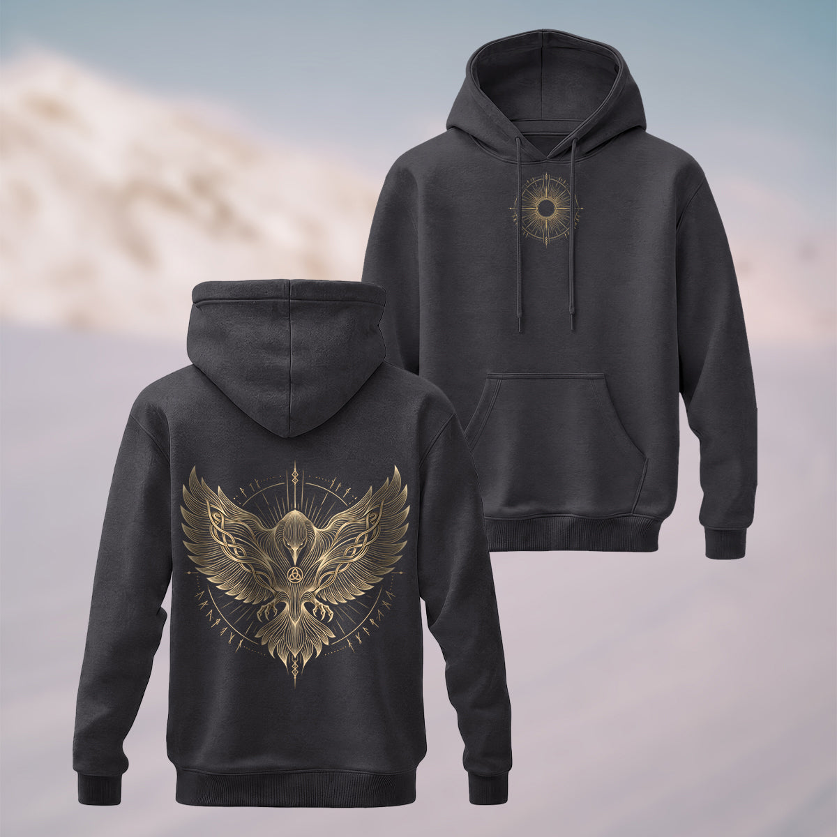 Cotton Made Norse Viking Raven Hoodie Charcoal