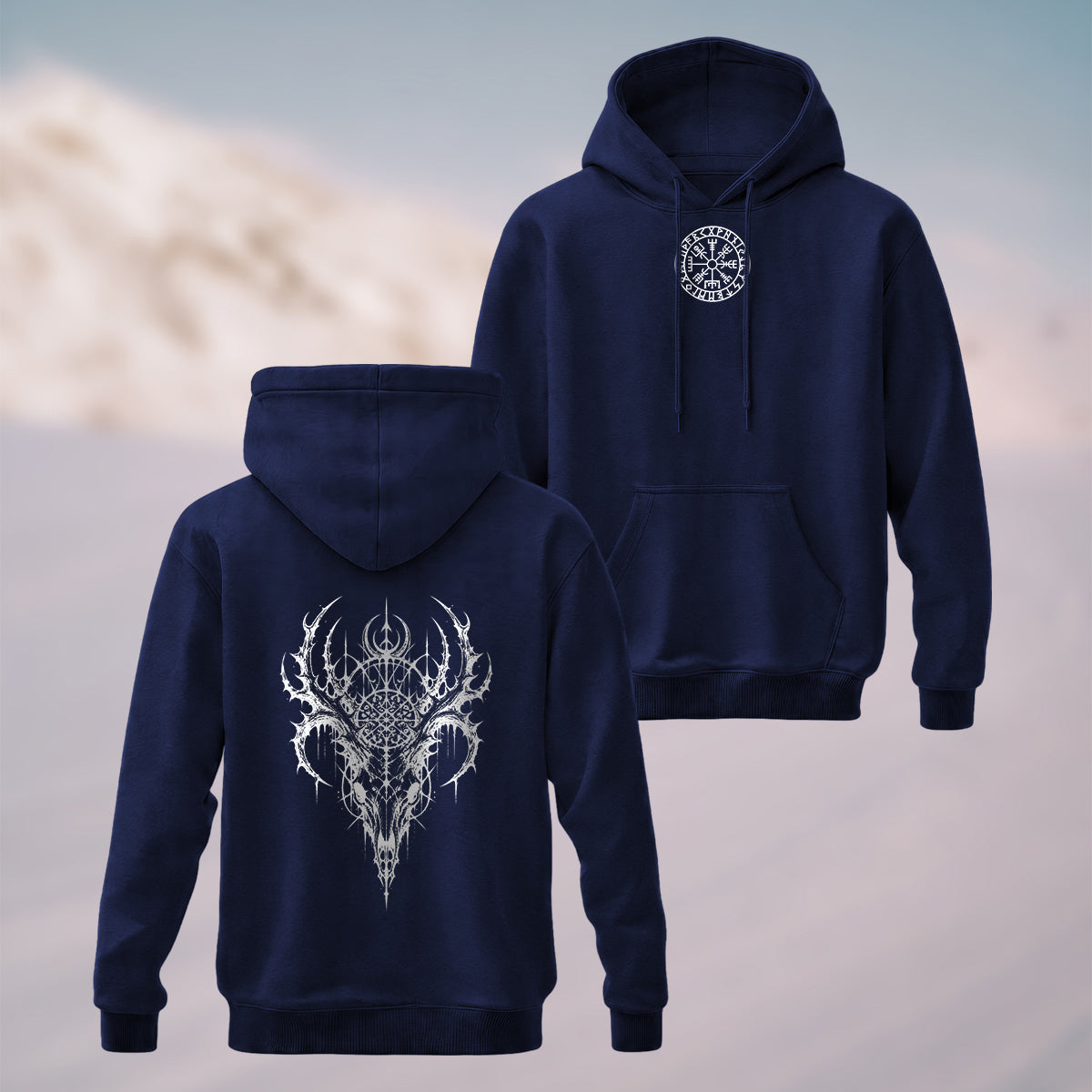 Cotton Made Gothic Skeleton Print Hoodie Navy