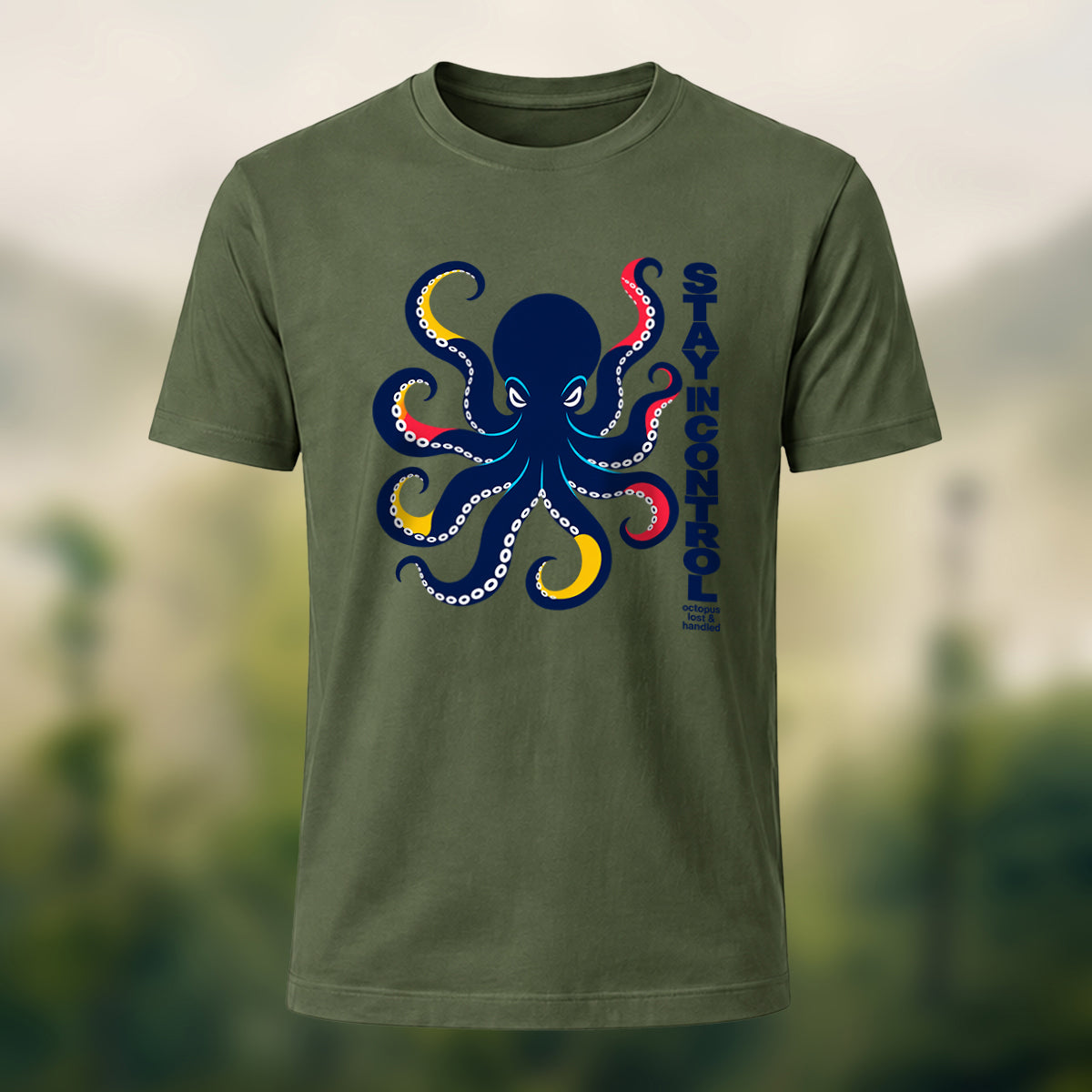 Artistic Oceanic Octopus Soft Cotton T-Shirt Olive Green