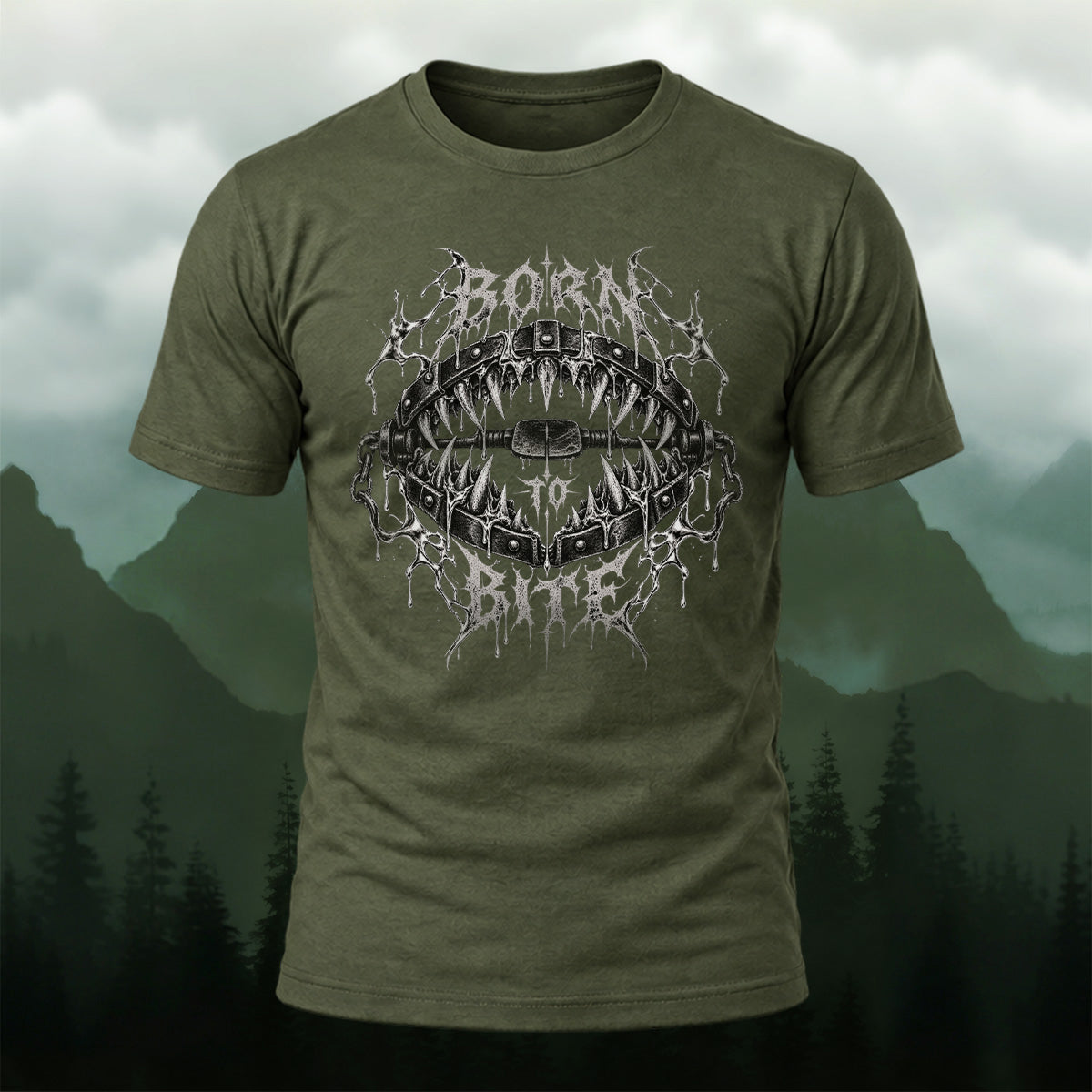 Dark Metallic Fang Trap Combed Cotton T-Shirt Olive Green
