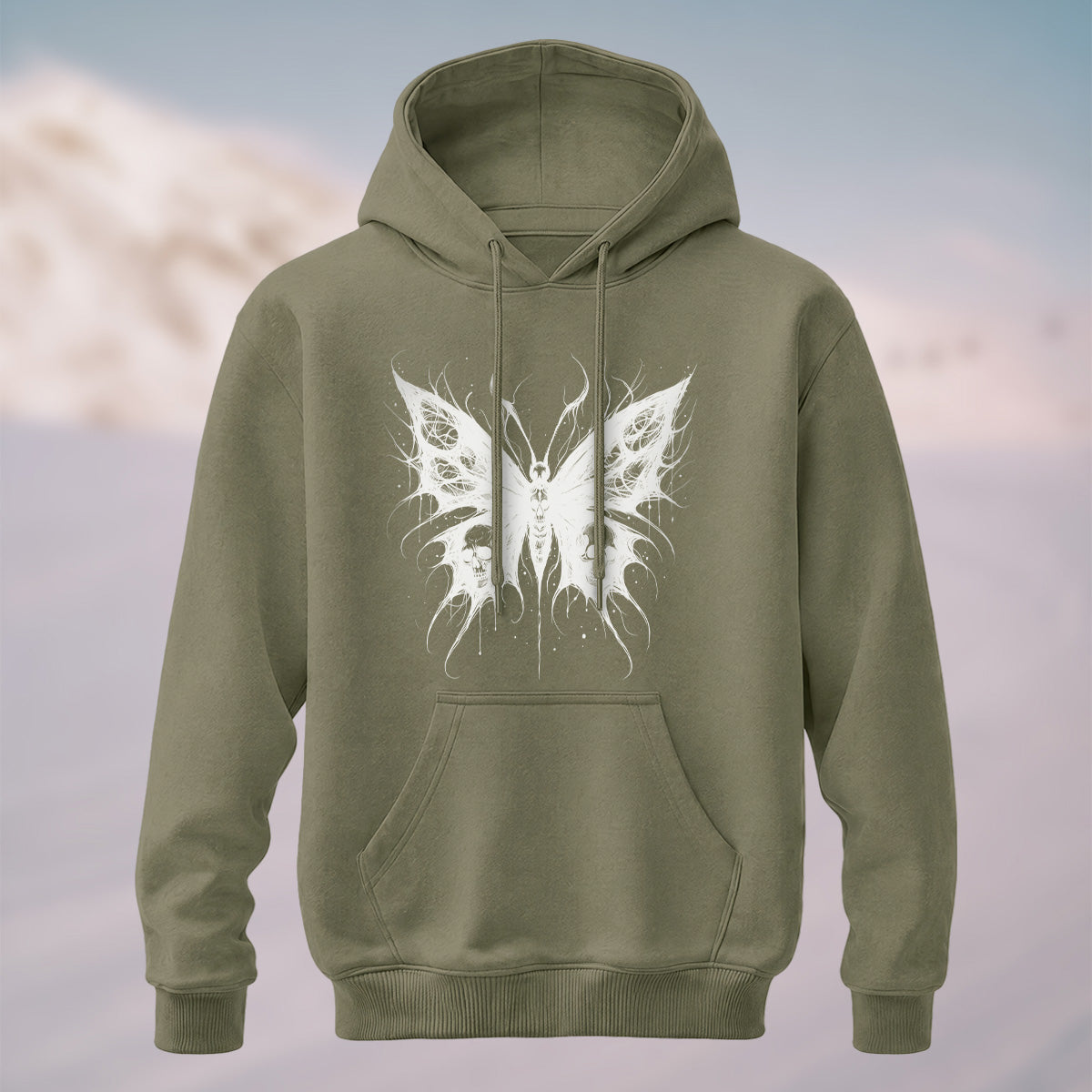 Cotton Made Dark Butterfly Skeleton Print Hoodie Army Green