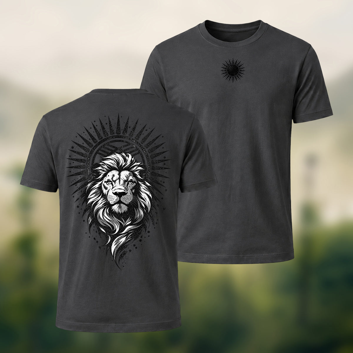 Black Lion Medallion Print Premium Cotton T-Shirt Charcoal