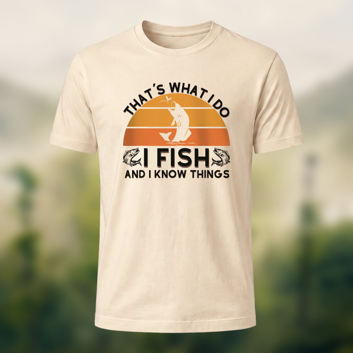 Retro Outdoor Fishing Print Casual Cotton T-Shirt Beige