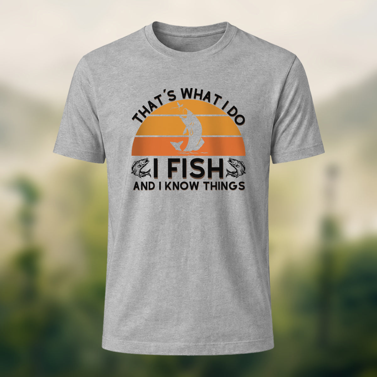 Retro Outdoor Fishing Print Casual Cotton T-Shirt Heather Grey