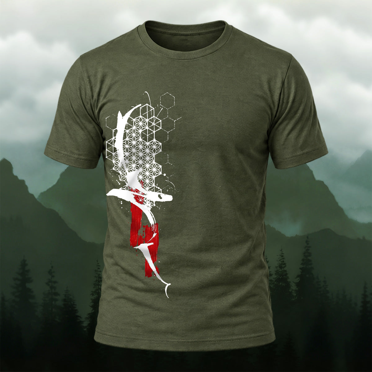 Abstract Geometric Print Soft Cotton T-Shirt Olive Green