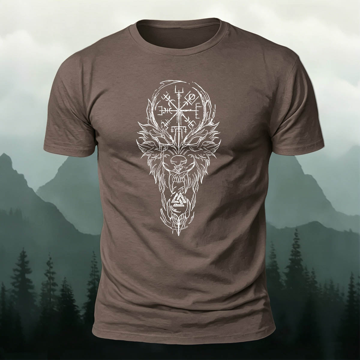 Nordic Wolf Print Casual Soft Cotton T-Shirt Coffee