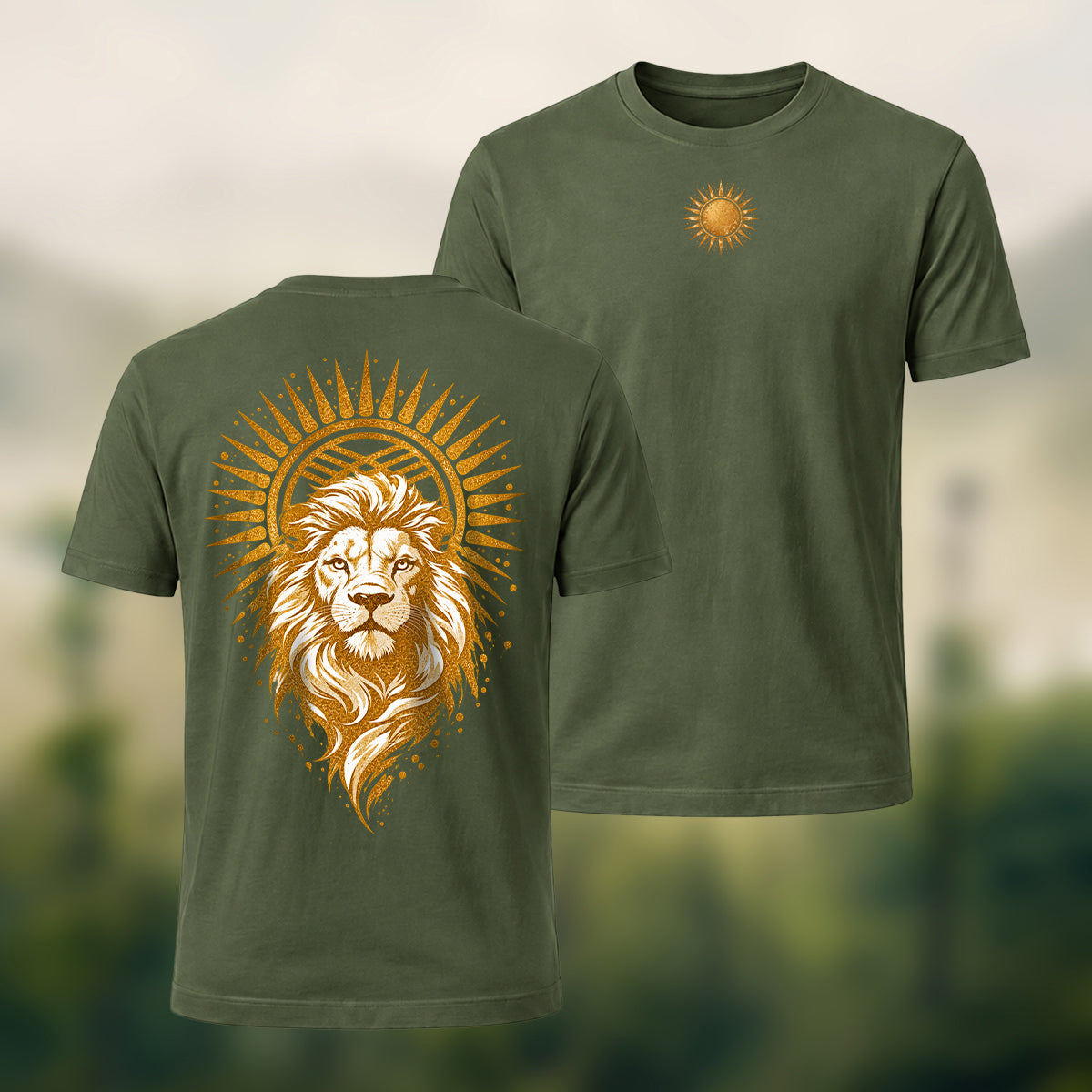Golden Lion Medallion Print Premium Cotton T-Shirt Olive Green