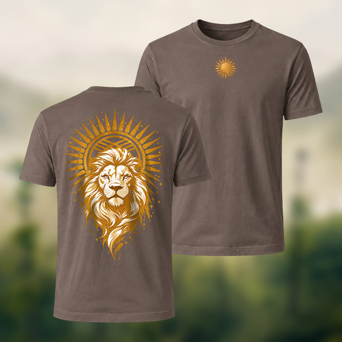 Golden Lion Medallion Print Premium Cotton T-Shirt Coffee