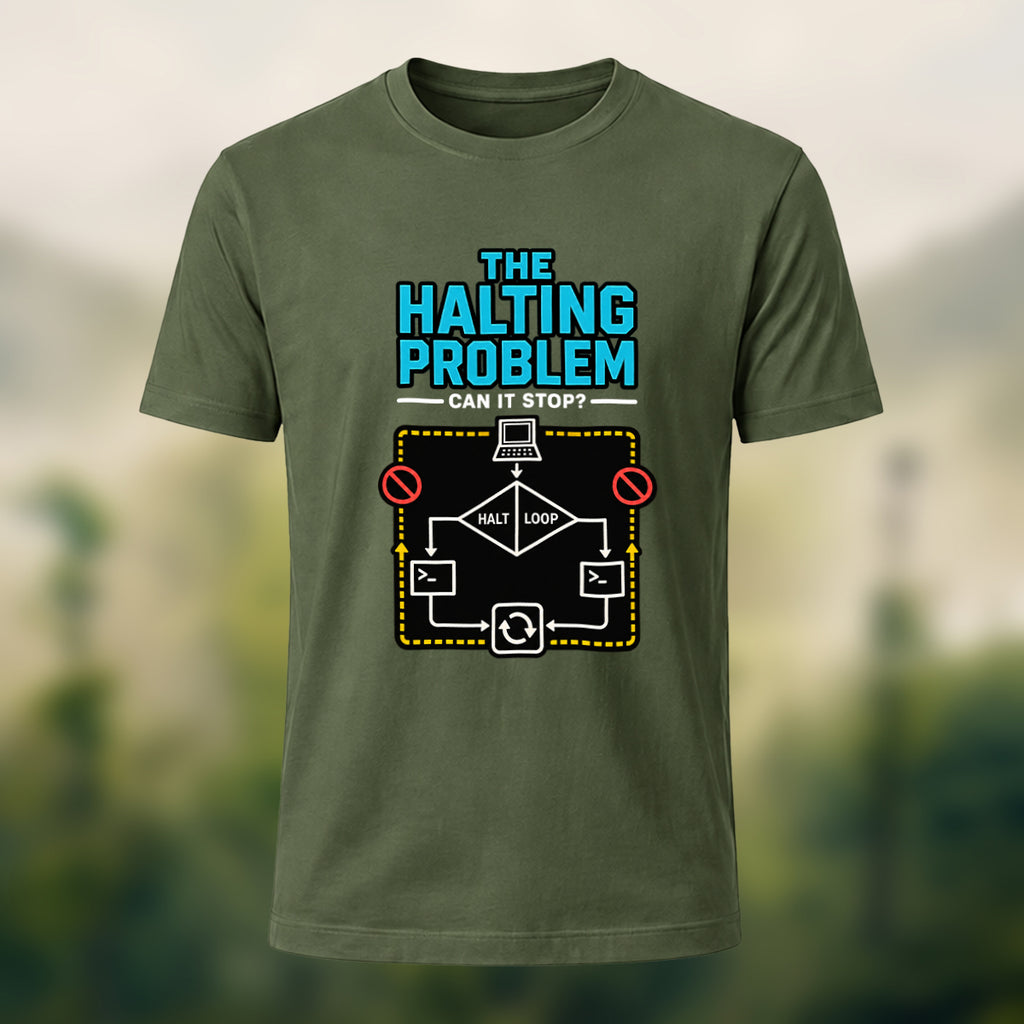 Halting Problem Print Casual Premium Cotton T-Shirt Olive Green