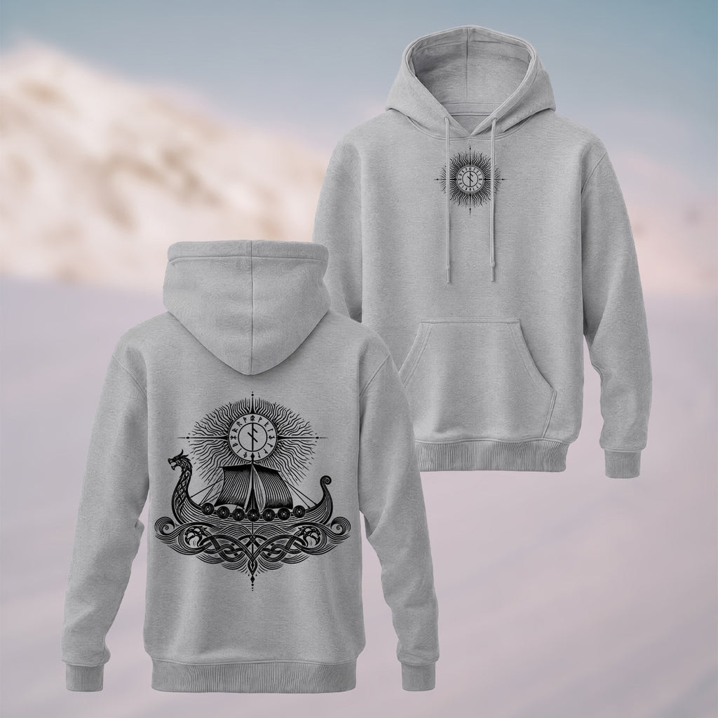 Cotton Made Norse Viking Longship Hoodie Heather Grey