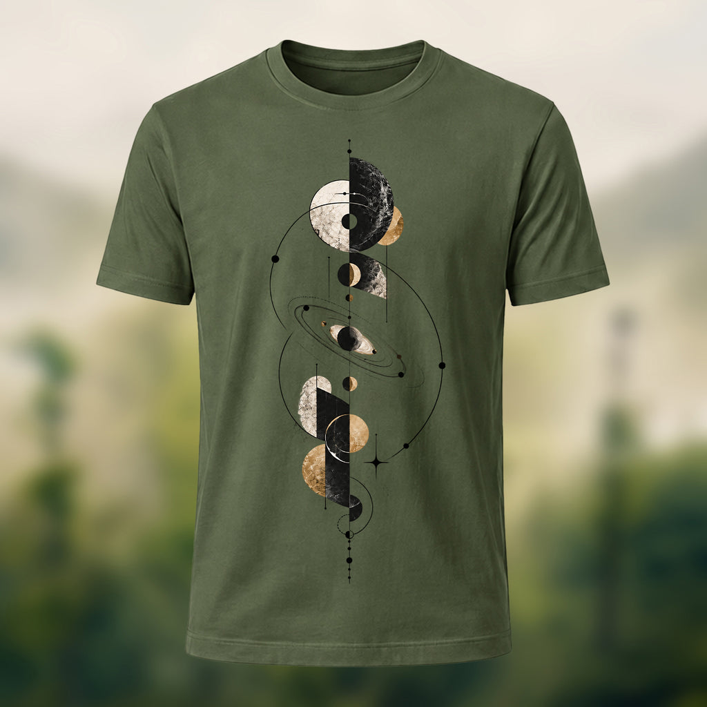 Mystical Geometric Planet Soft Cotton T-Shirt Olive Green