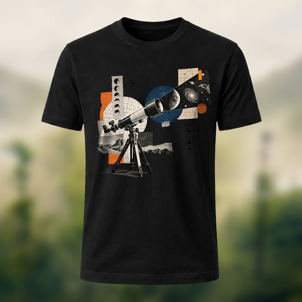 Vintage Stargazing Telescope Combed Cotton T-Shirt Black