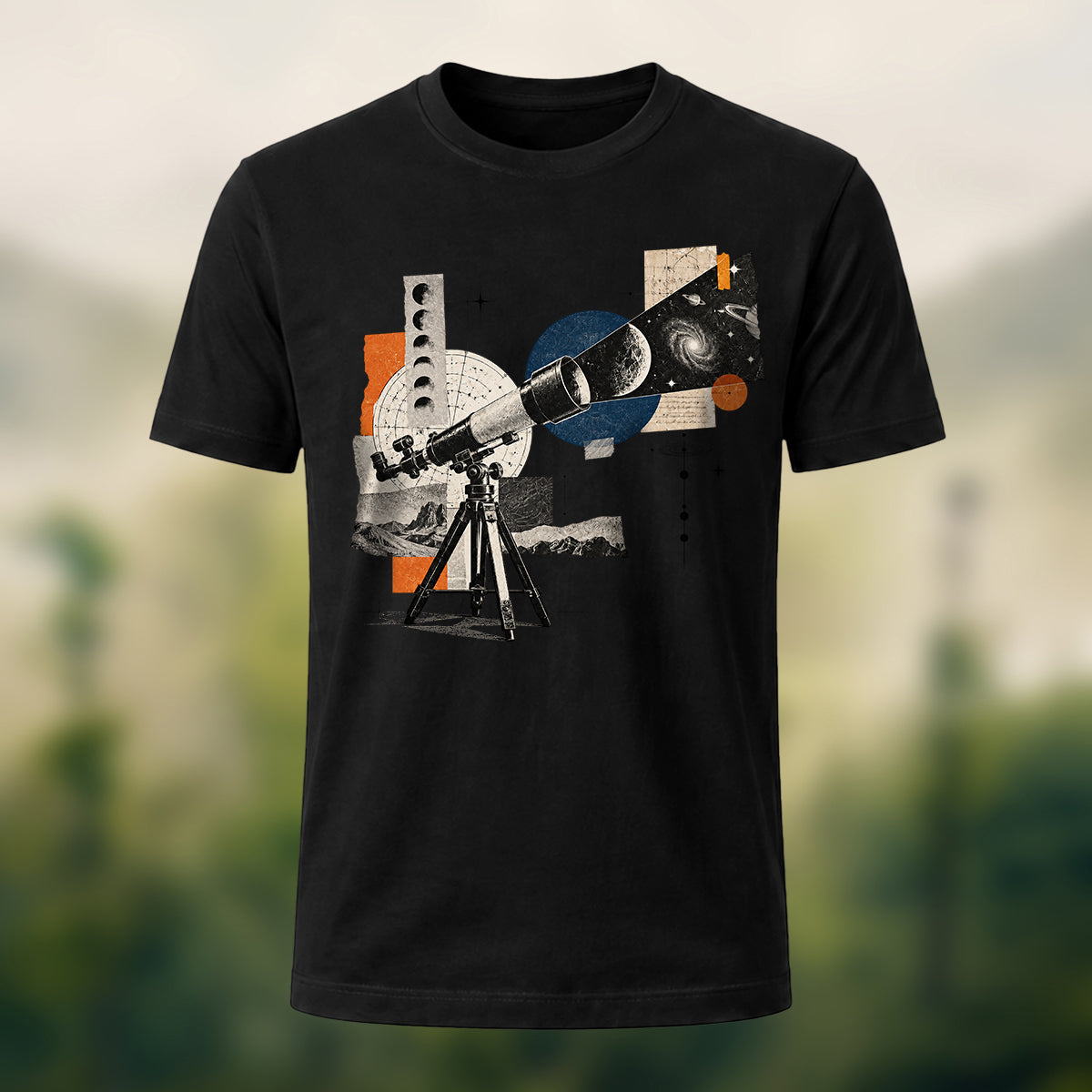 Vintage Stargazing Telescope Combed Cotton T-Shirt Black