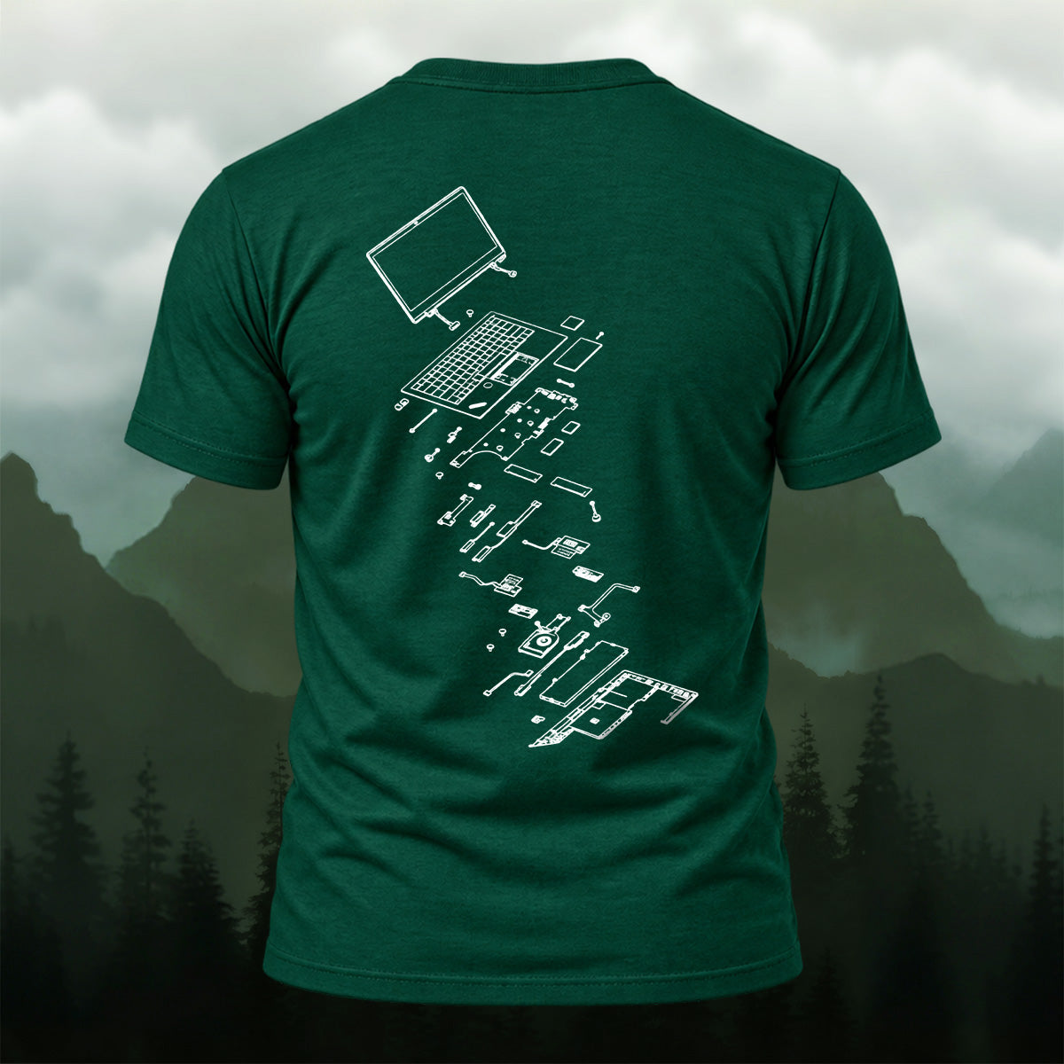 Technical Exploded View Soft Cotton T-Shirt Forest Green