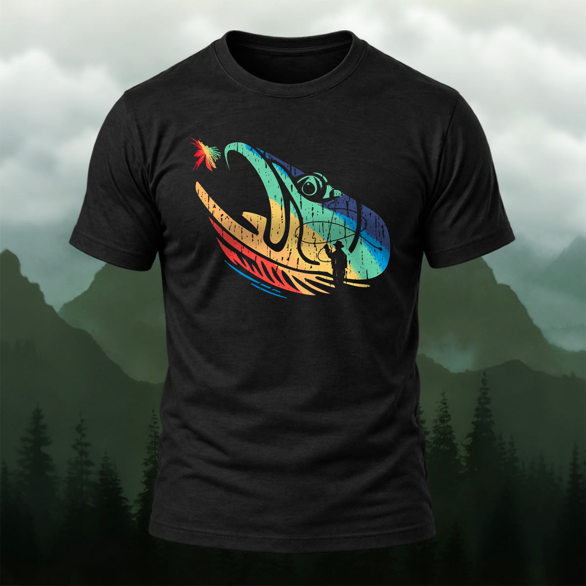 Colorful Angler Silhouette Soft Cotton T-Shirt Black