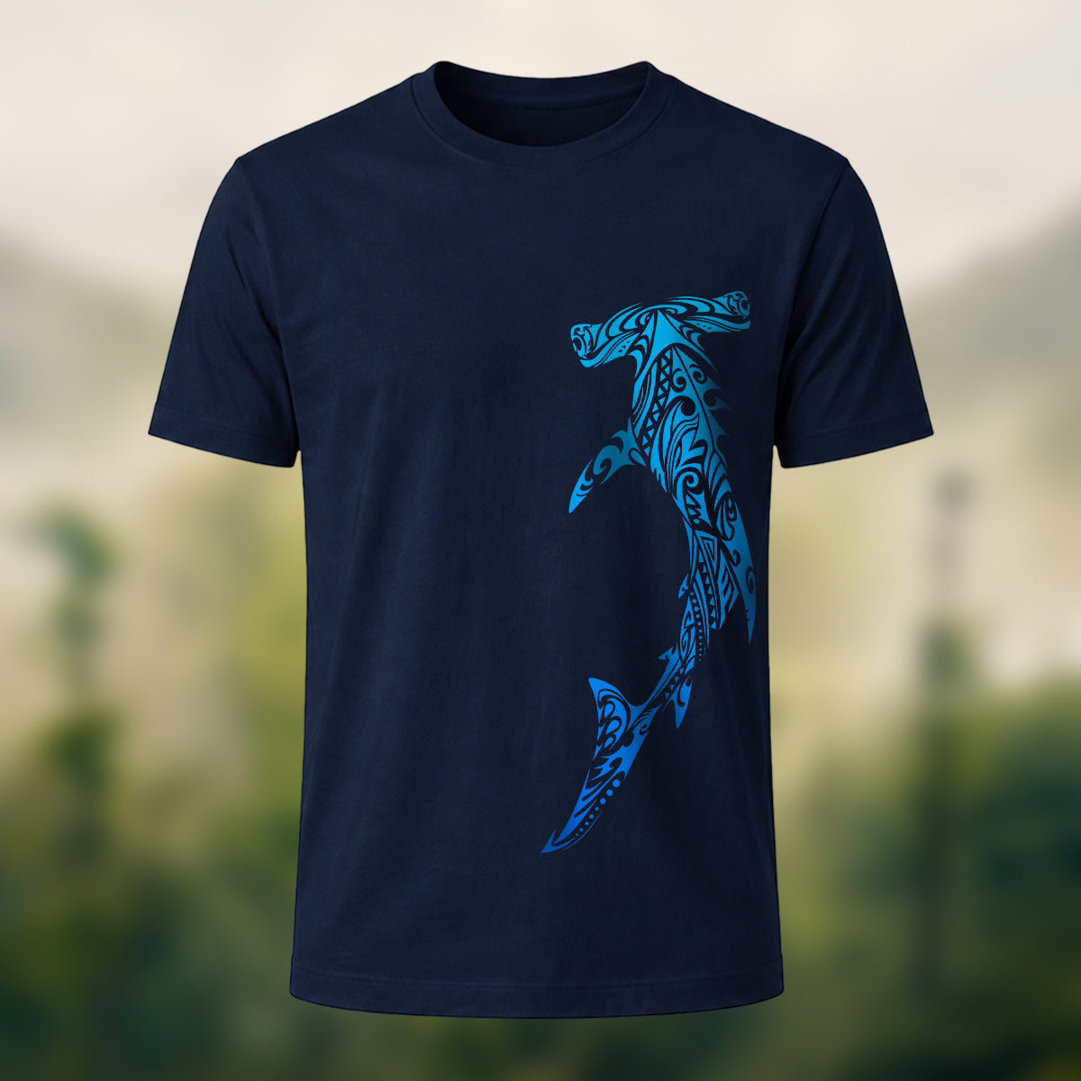 Tribal Shark Print Casual Cotton T-Shirt Navy