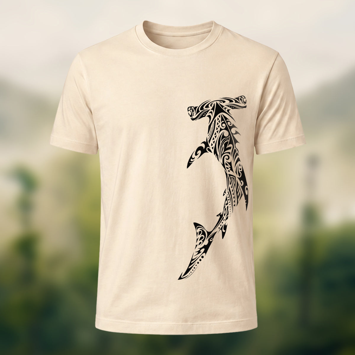 Tribal Shark Print Casual Cotton T-Shirt Beige