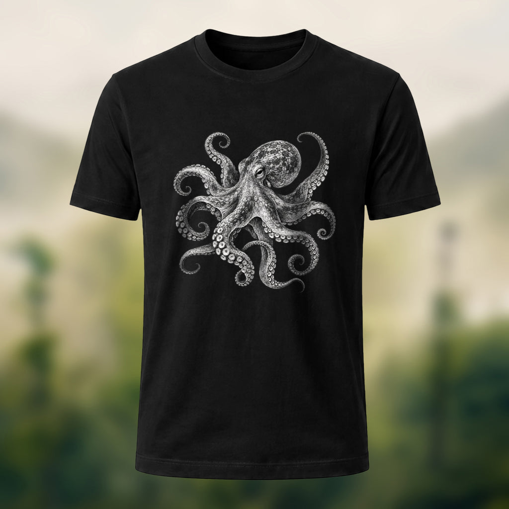 DTG Vintage Marine Illustration Combed Cotton T-Shirt Black