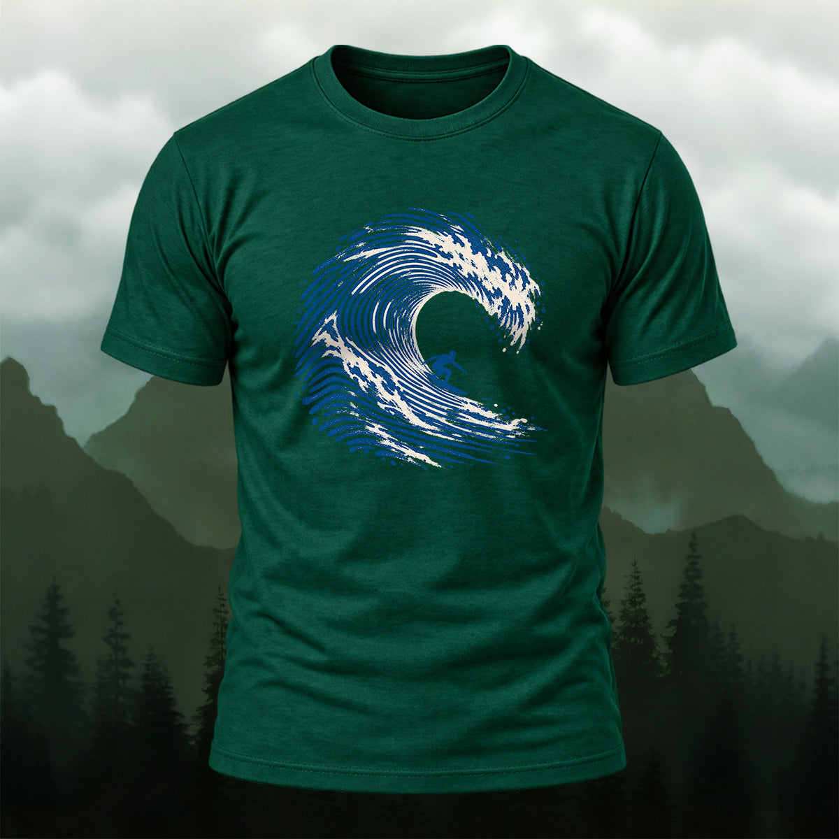 Abstract Wave Fingerprint Soft Cotton T-Shirt Forest Green