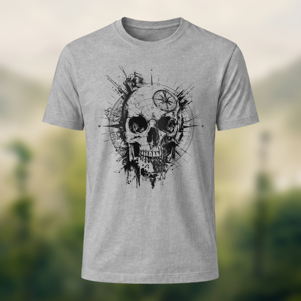 Nautical Gothic Skull Print Casual Soft Cotton T-Shirt Heather Grey